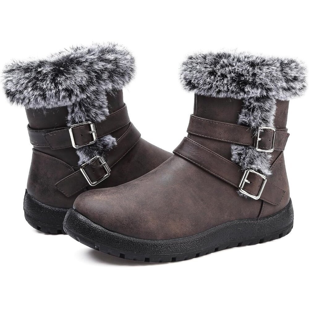 Womens Brown pu  Snow Boots with Zipper Waterproof Leather Fur Lined Warm Ankle - Picture 5 of 7